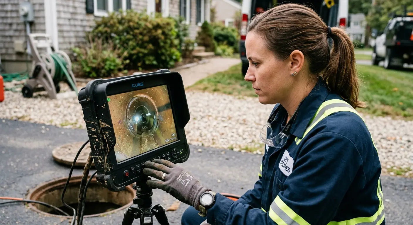 Technician reviewing sewer camera inspection footage in Lyndhurst