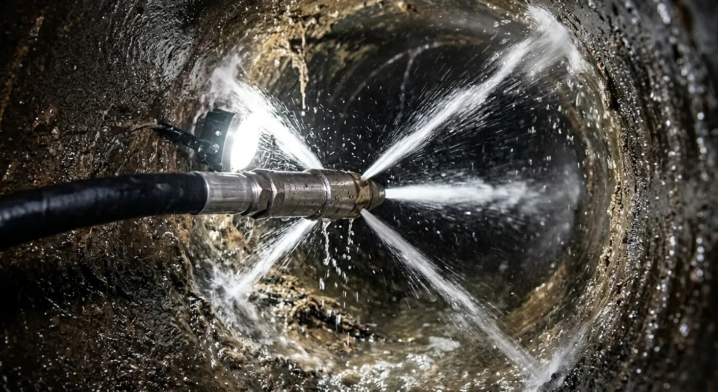 High-pressure hydro jetting nozzle cleaning sewer pipe for Trenchless Sewer Repair in Lyndhurst