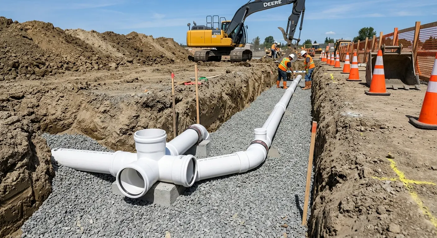 New PVC sewer pipe installation in open trench for Sewer Backup in Lyndhurst