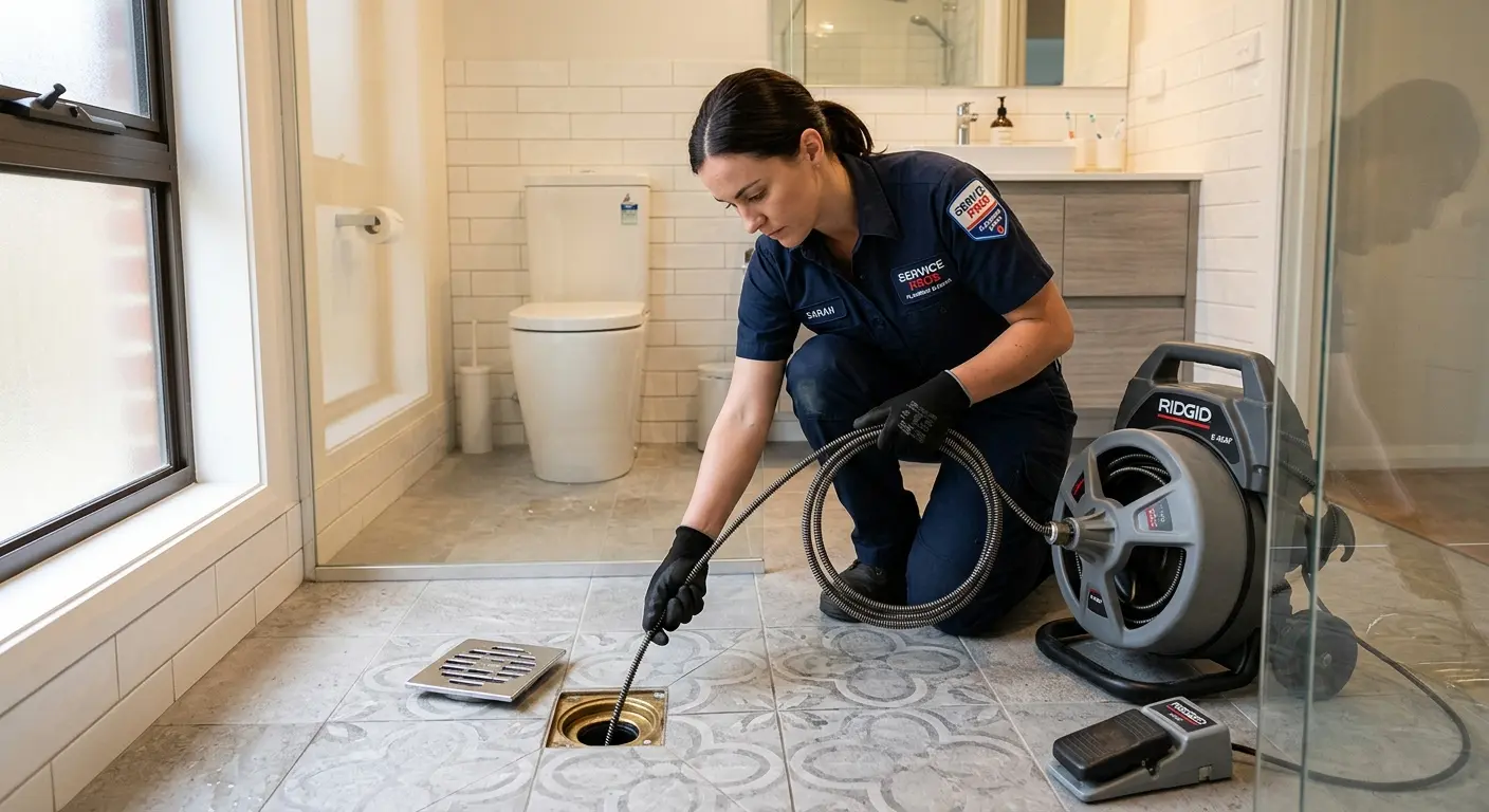 Technician clearing a bathroom floor drain for Clogged Drain Repair in Lyndhurst
